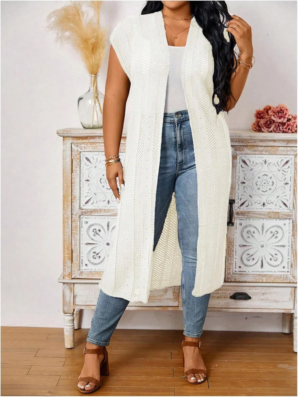 Verdusa Women's Plus Size Dolman Sleeve Open Front Hollow Out Long Cardigan Duster Coat