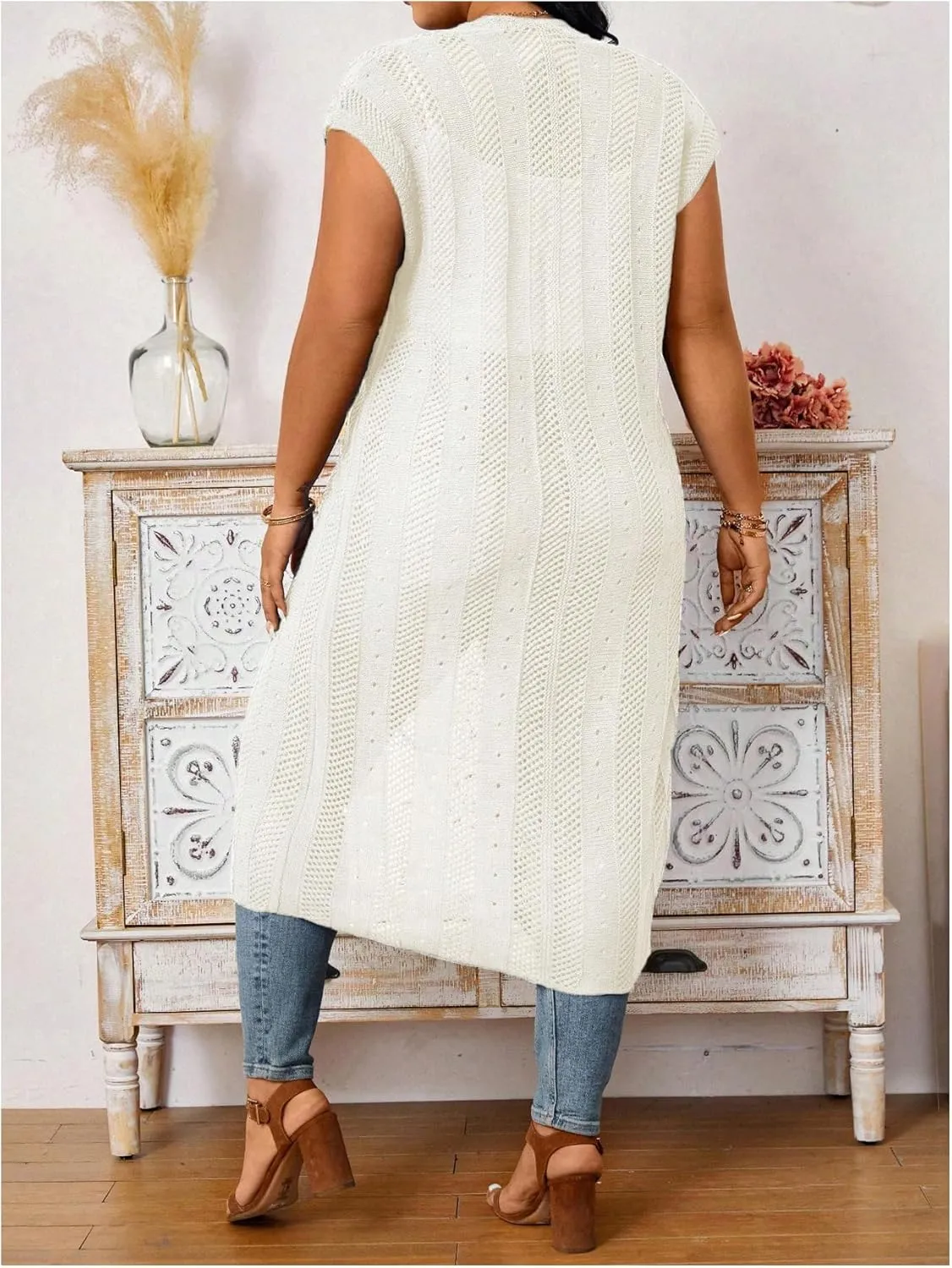 Verdusa Women's Plus Size Dolman Sleeve Open Front Hollow Out Long Cardigan Duster Coat