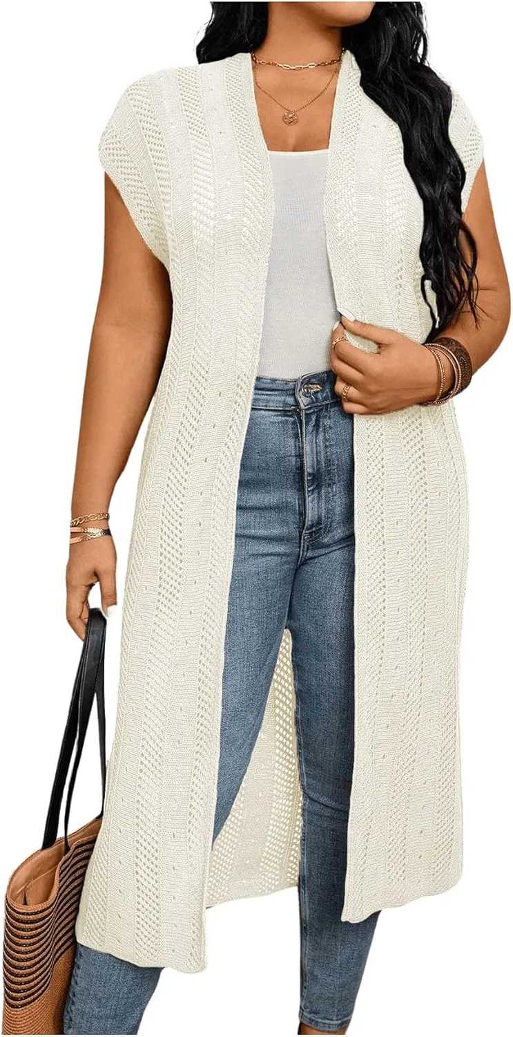Verdusa Women's Plus Size Dolman Sleeve Open Front Hollow Out Long Cardigan Duster Coat