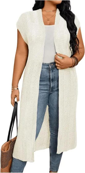 Verdusa Women's Plus Size Dolman Sleeve Open Front Hollow Out Long Cardigan Duster Coat