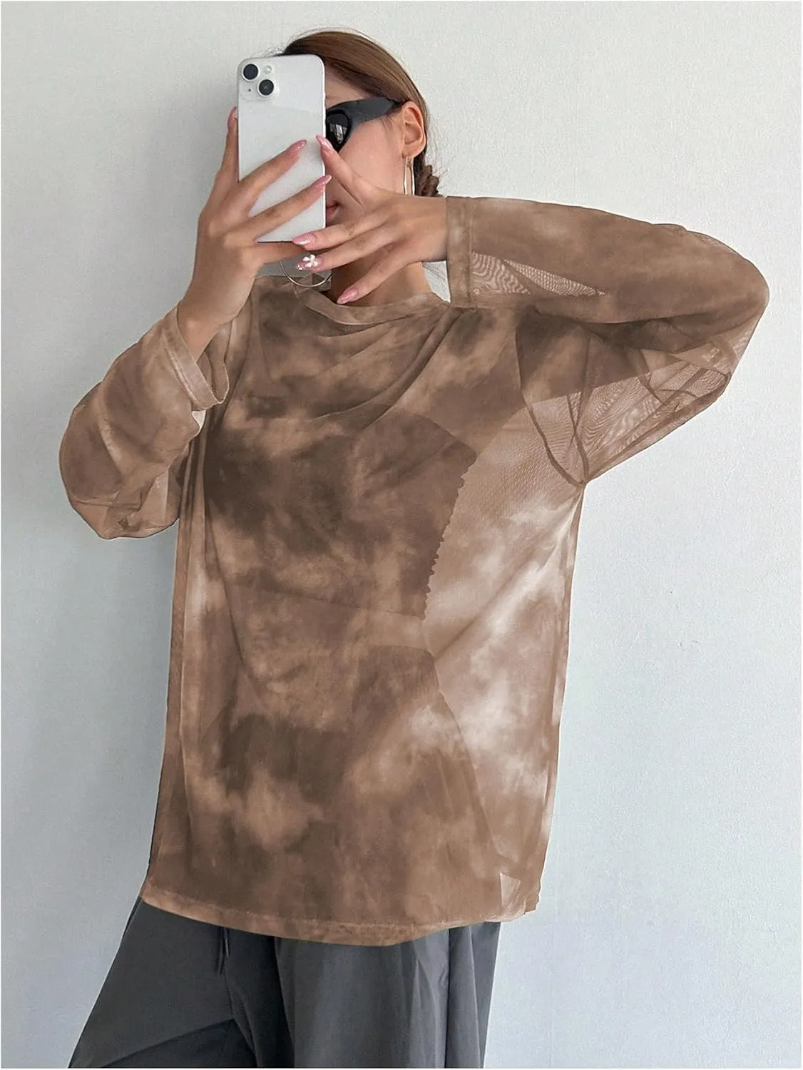 Verdusa Women's Tie Dye Sheer Mesh Top Drop Shoulder Long Sleeve Loose Tee Shirt
