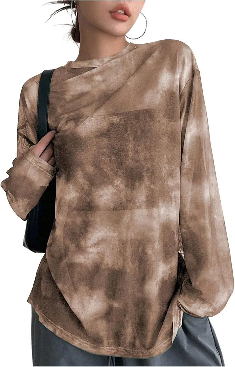 Verdusa Women's Tie Dye Sheer Mesh Top Drop Shoulder Long Sleeve Loose Tee Shirt