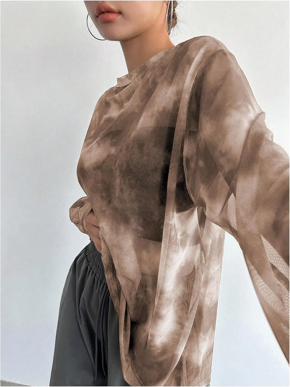 Verdusa Women's Tie Dye Sheer Mesh Top Drop Shoulder Long Sleeve Loose Tee Shirt