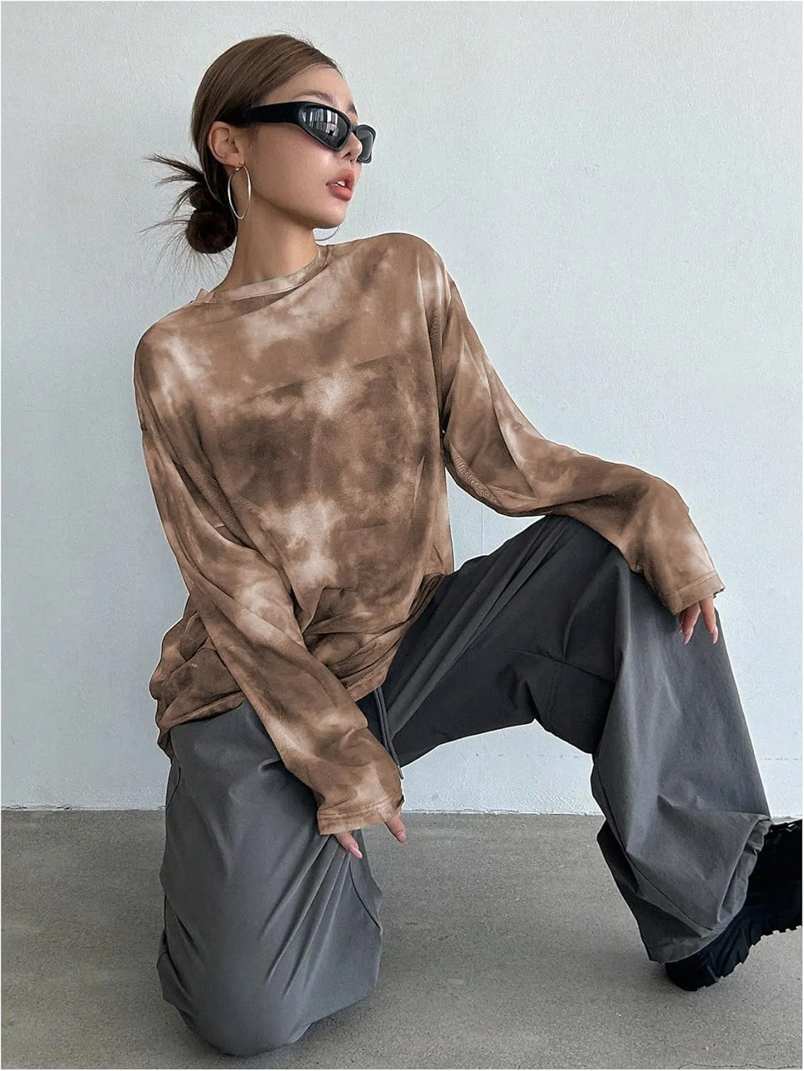 Verdusa Women's Tie Dye Sheer Mesh Top Drop Shoulder Long Sleeve Loose Tee Shirt