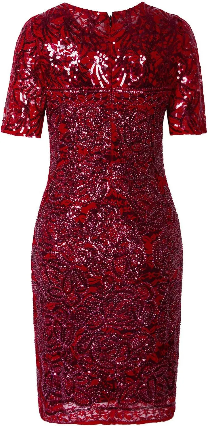 Vijiv Vintage 1920s Gatsby Sequin Beaded Lace Cocktail Party Flapper Dress with Sleeves