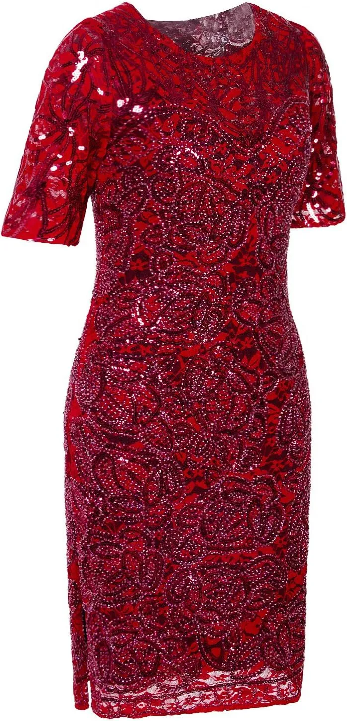 Vijiv Vintage 1920s Gatsby Sequin Beaded Lace Cocktail Party Flapper Dress with Sleeves