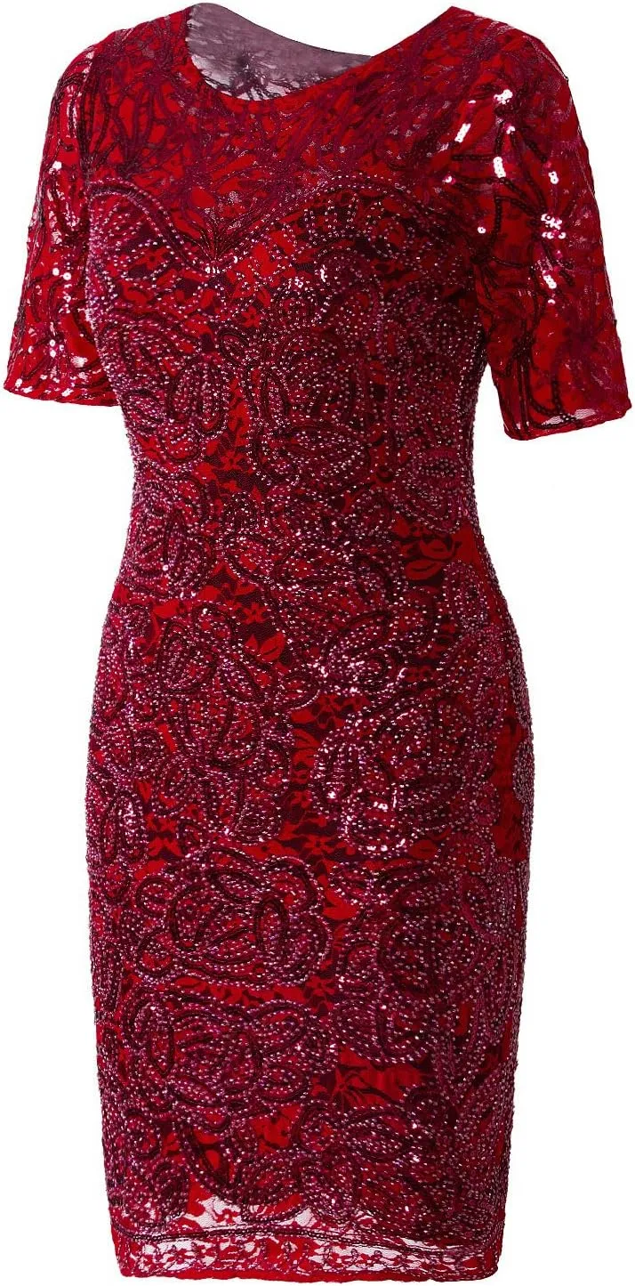 Vijiv Vintage 1920s Gatsby Sequin Beaded Lace Cocktail Party Flapper Dress with Sleeves