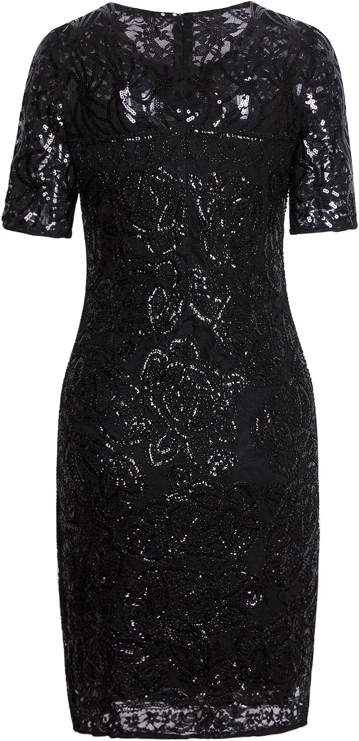 Vijiv Vintage 1920s Gatsby Sequin Beaded Lace Cocktail Party Flapper Dress with Sleeves