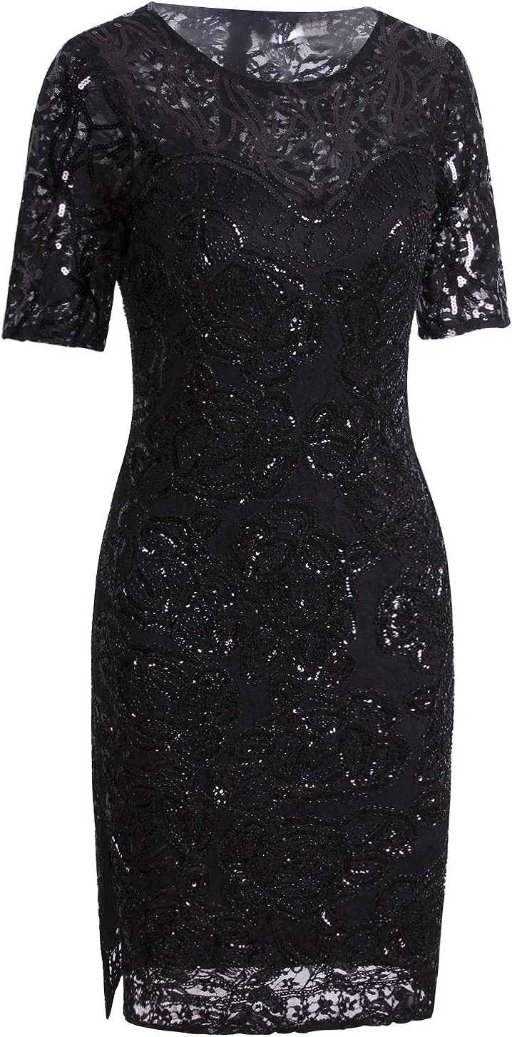 Vijiv Vintage 1920s Gatsby Sequin Beaded Lace Cocktail Party Flapper Dress with Sleeves