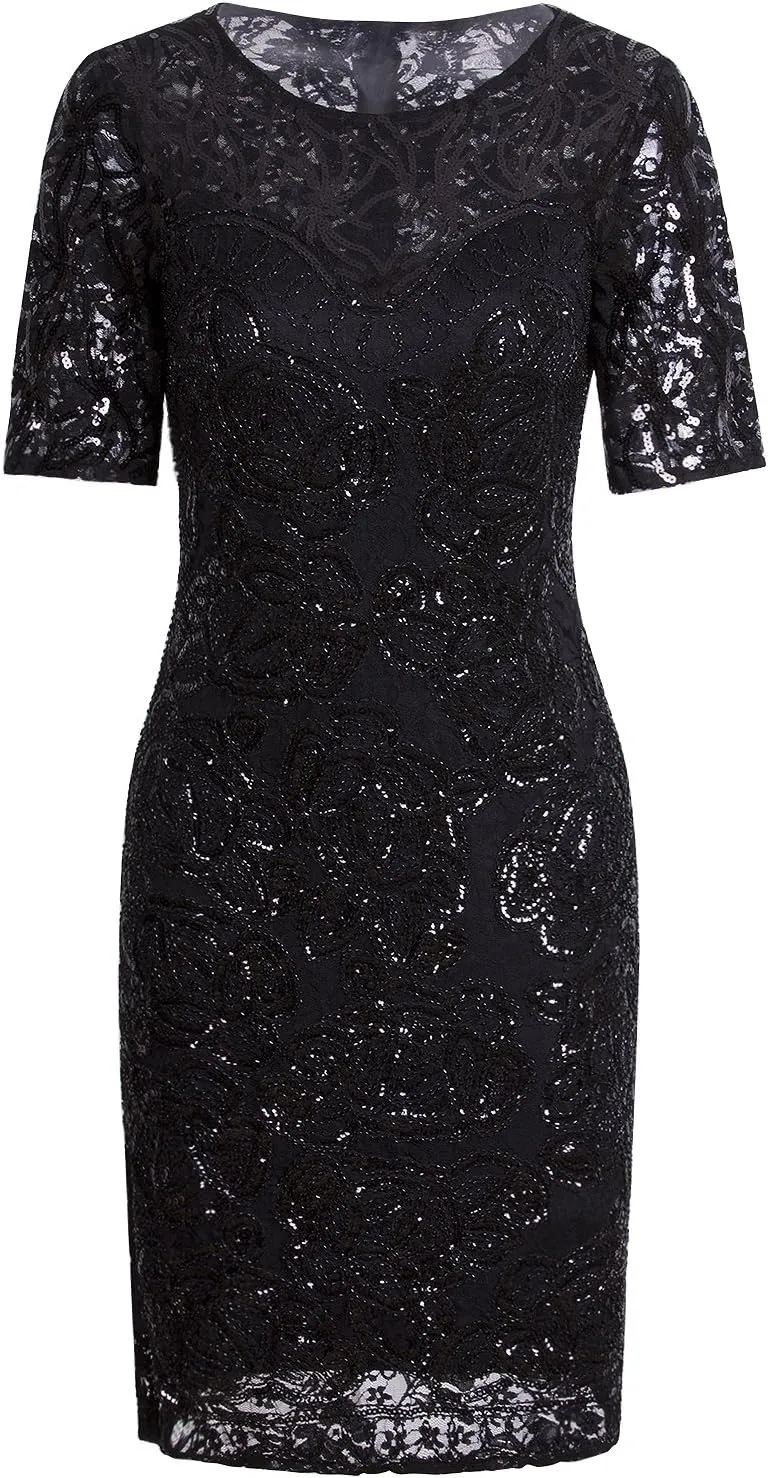 Vijiv Vintage 1920s Gatsby Sequin Beaded Lace Cocktail Party Flapper Dress with Sleeves