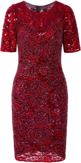 Vijiv Vintage 1920s Gatsby Sequin Beaded Lace Cocktail Party Flapper Dress with Sleeves