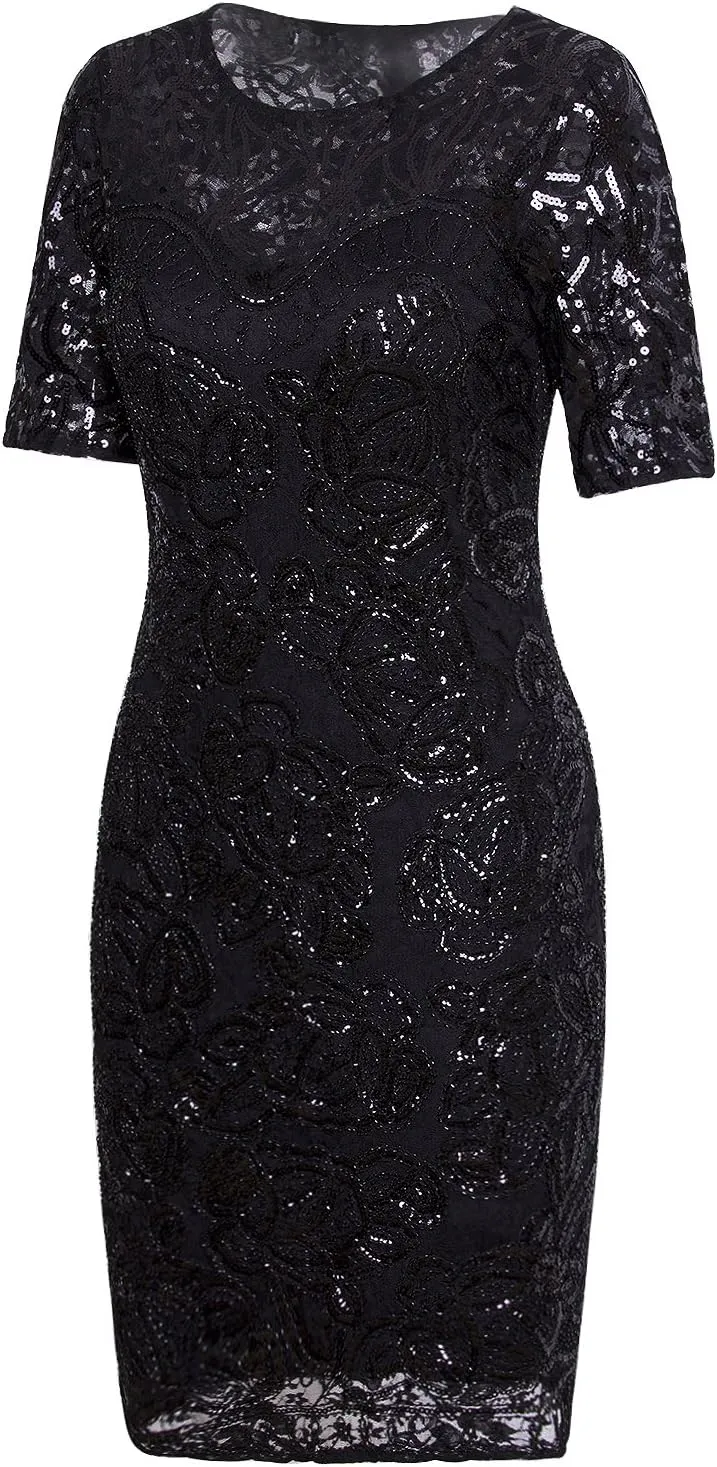 Vijiv Vintage 1920s Gatsby Sequin Beaded Lace Cocktail Party Flapper Dress with Sleeves