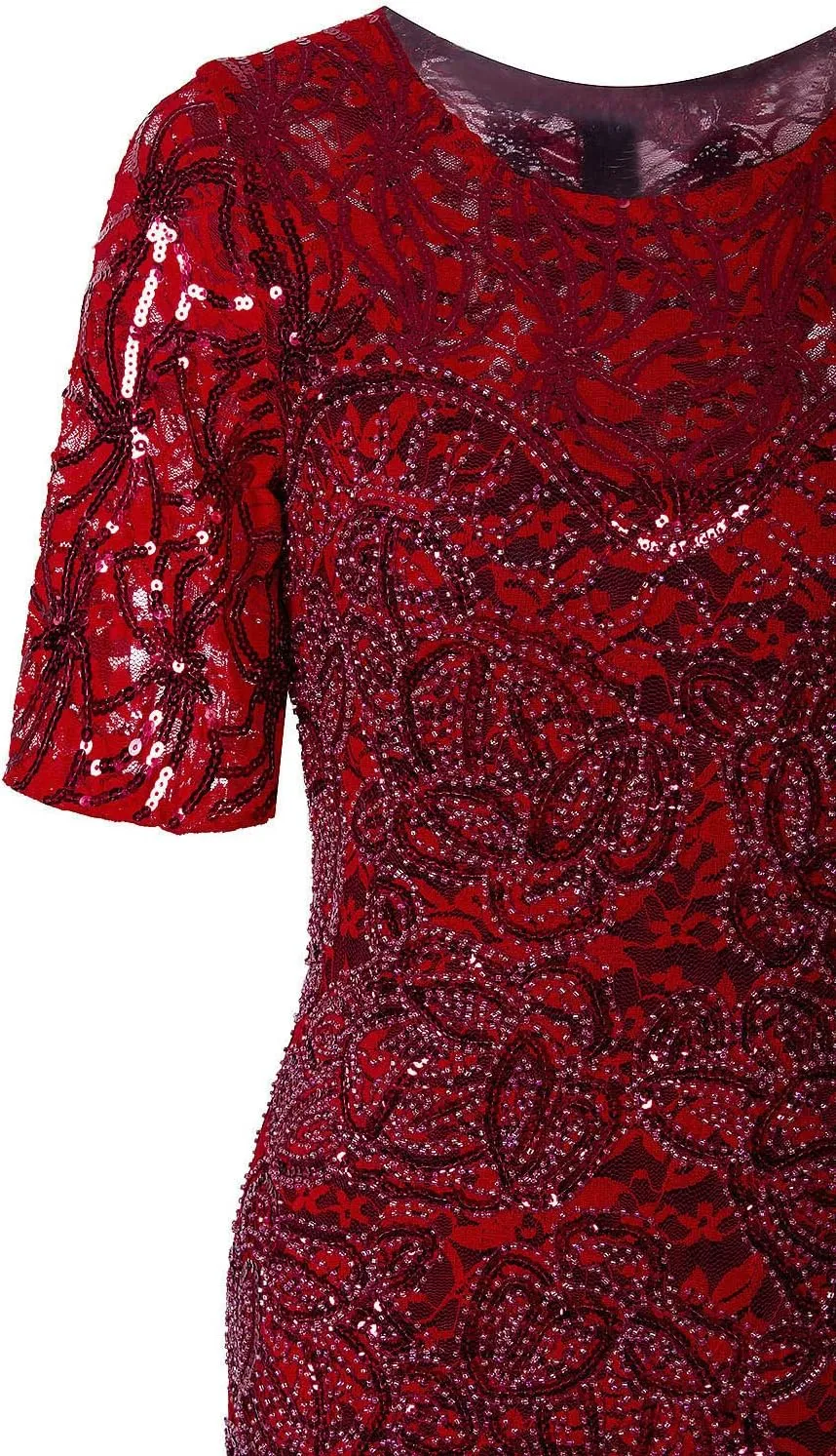 Vijiv Vintage 1920s Gatsby Sequin Beaded Lace Cocktail Party Flapper Dress with Sleeves