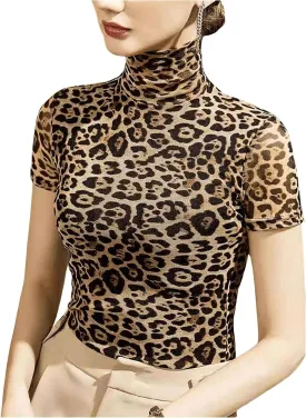 WDIRARA Women's Leopard Print Turtleneck T Shirt Short Sleeve Sheer Top Slim Fitted Tee Shirts