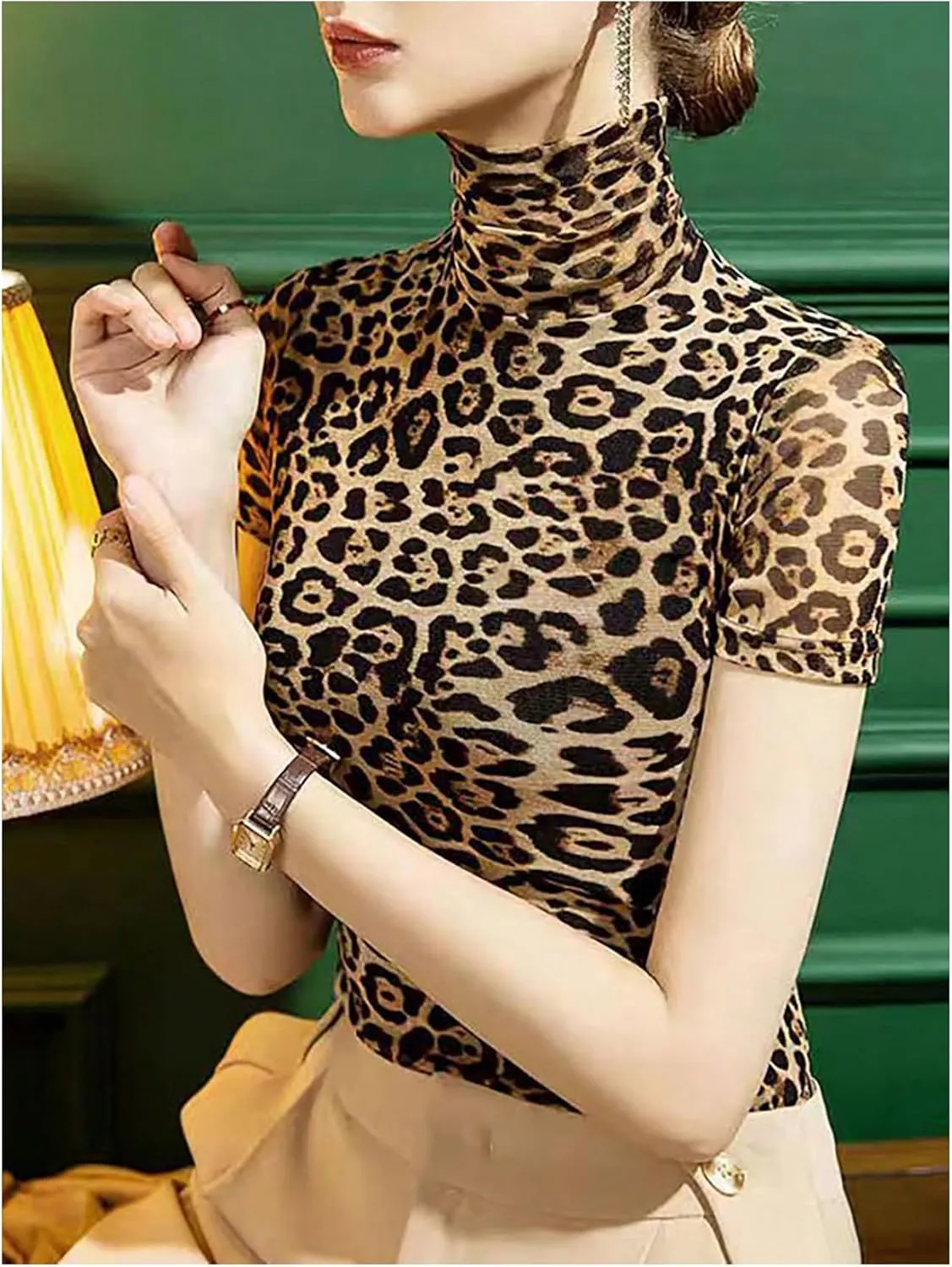 WDIRARA Women's Leopard Print Turtleneck T Shirt Short Sleeve Sheer Top Slim Fitted Tee Shirts