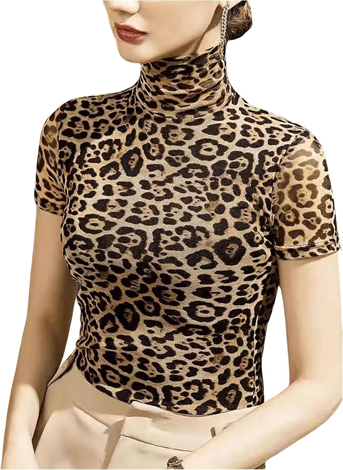 WDIRARA Women's Leopard Print Turtleneck T Shirt Short Sleeve Sheer Top Slim Fitted Tee Shirts