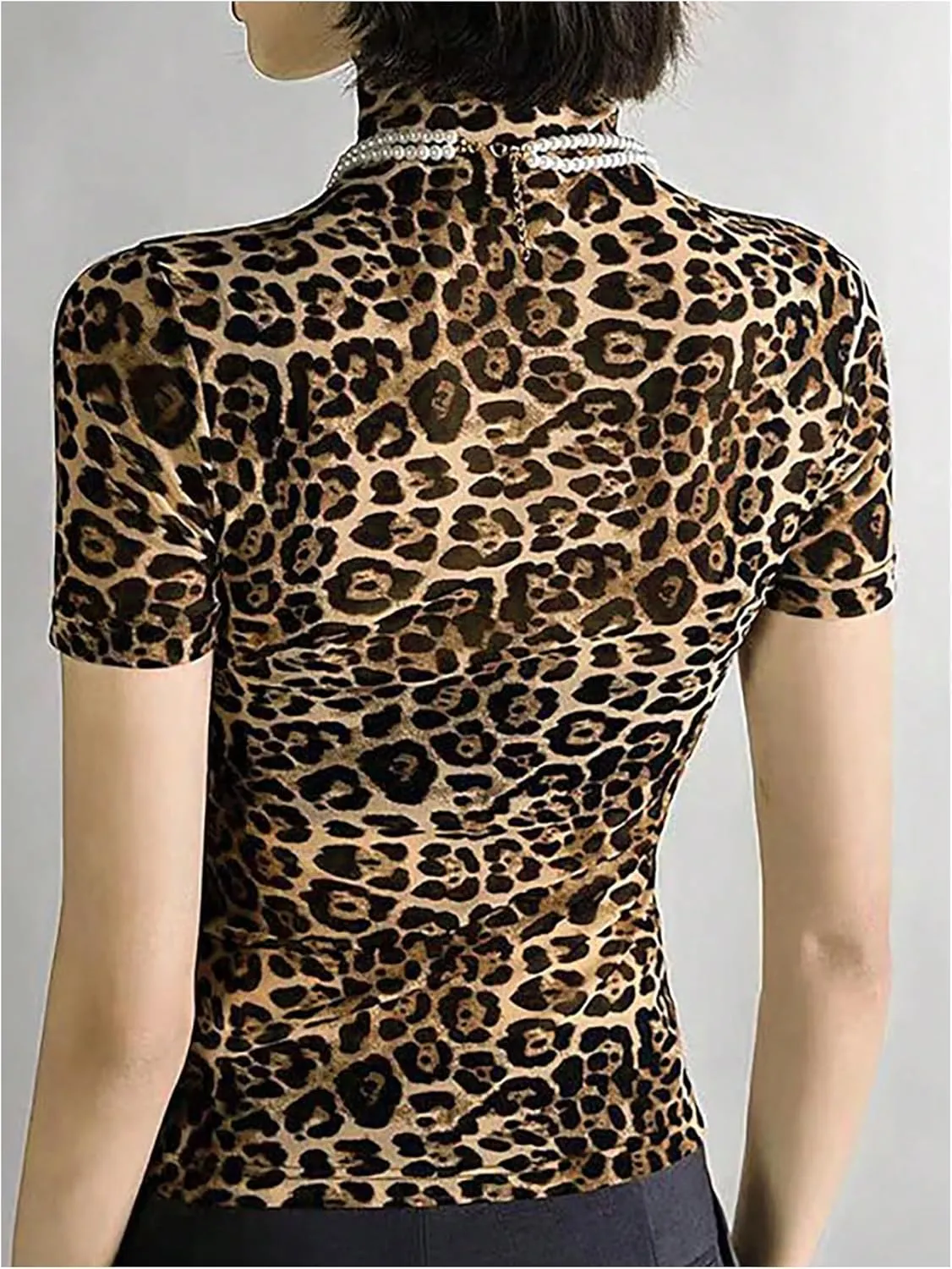 WDIRARA Women's Leopard Print Turtleneck T Shirt Short Sleeve Sheer Top Slim Fitted Tee Shirts
