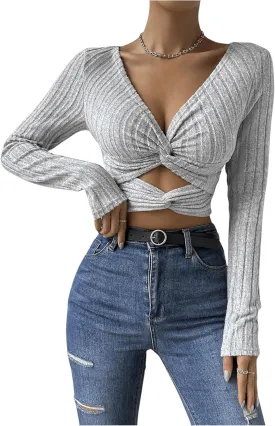 WDIRARA Women's Twist Front Cut Out Crop Tee Rib Knit Slim Fit Top V Neck Long Sleeve T Shirt