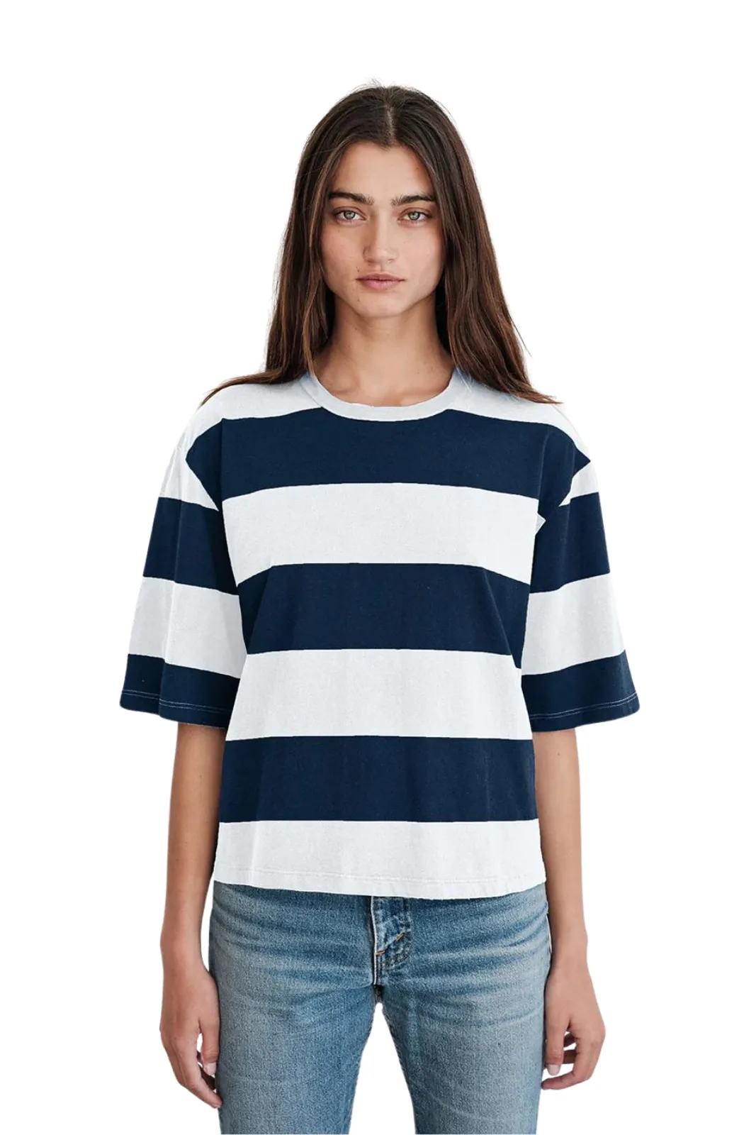 Wide Rugby Stripe Boyfriend Tee, Paper