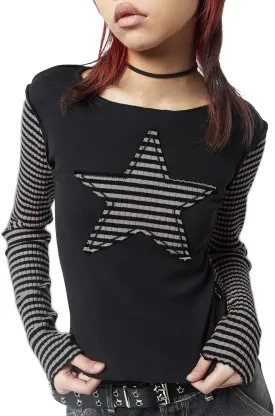 Women Vintage Star Pattern Stripes Patchwork T Shirts Long Sleeve Crew Neck Crop Top Casual Y2K 90s Streetwear