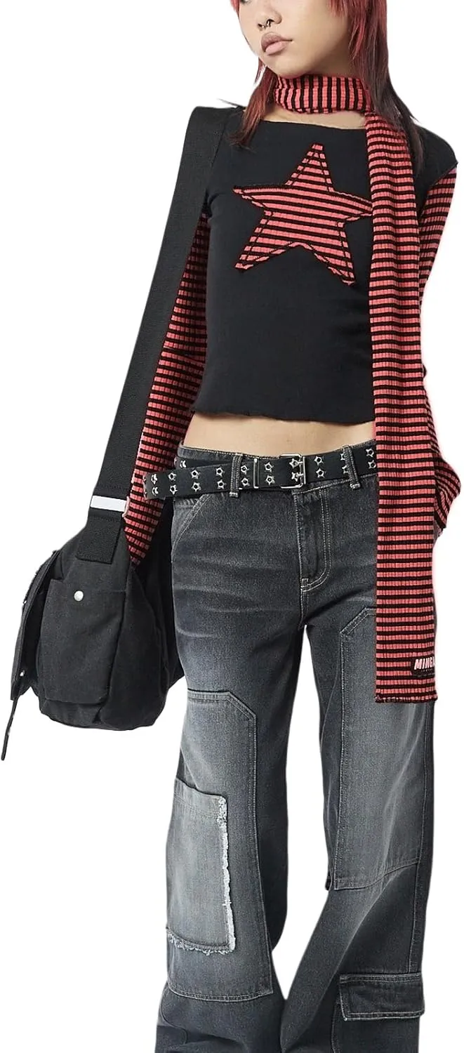 Women Vintage Star Pattern Stripes Patchwork T Shirts Long Sleeve Crew Neck Crop Top Casual Y2K 90s Streetwear