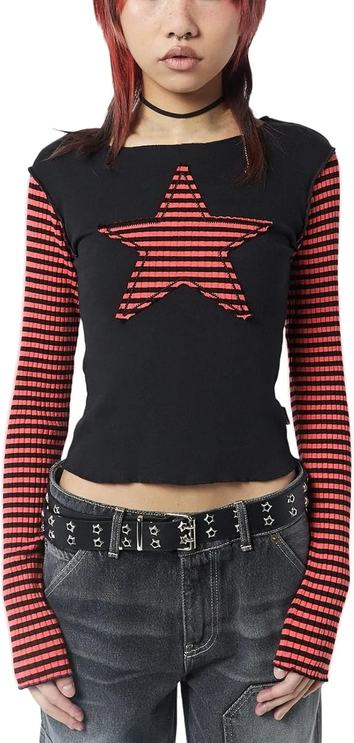 Women Vintage Star Pattern Stripes Patchwork T Shirts Long Sleeve Crew Neck Crop Top Casual Y2K 90s Streetwear