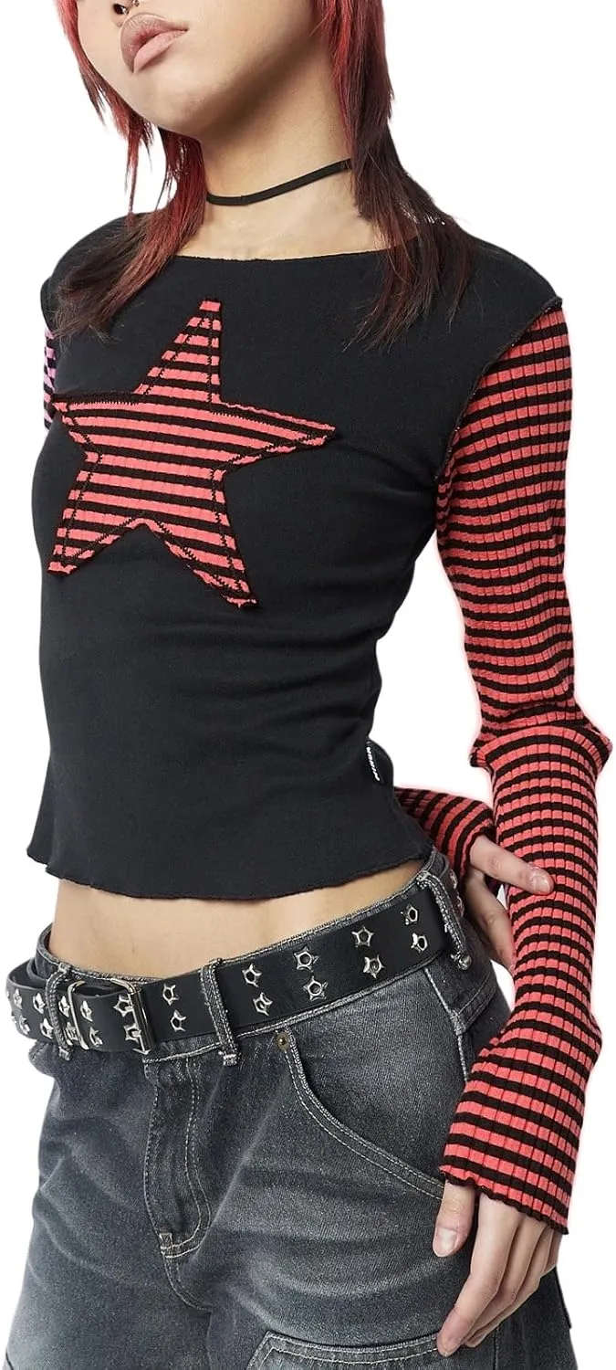 Women Vintage Star Pattern Stripes Patchwork T Shirts Long Sleeve Crew Neck Crop Top Casual Y2K 90s Streetwear