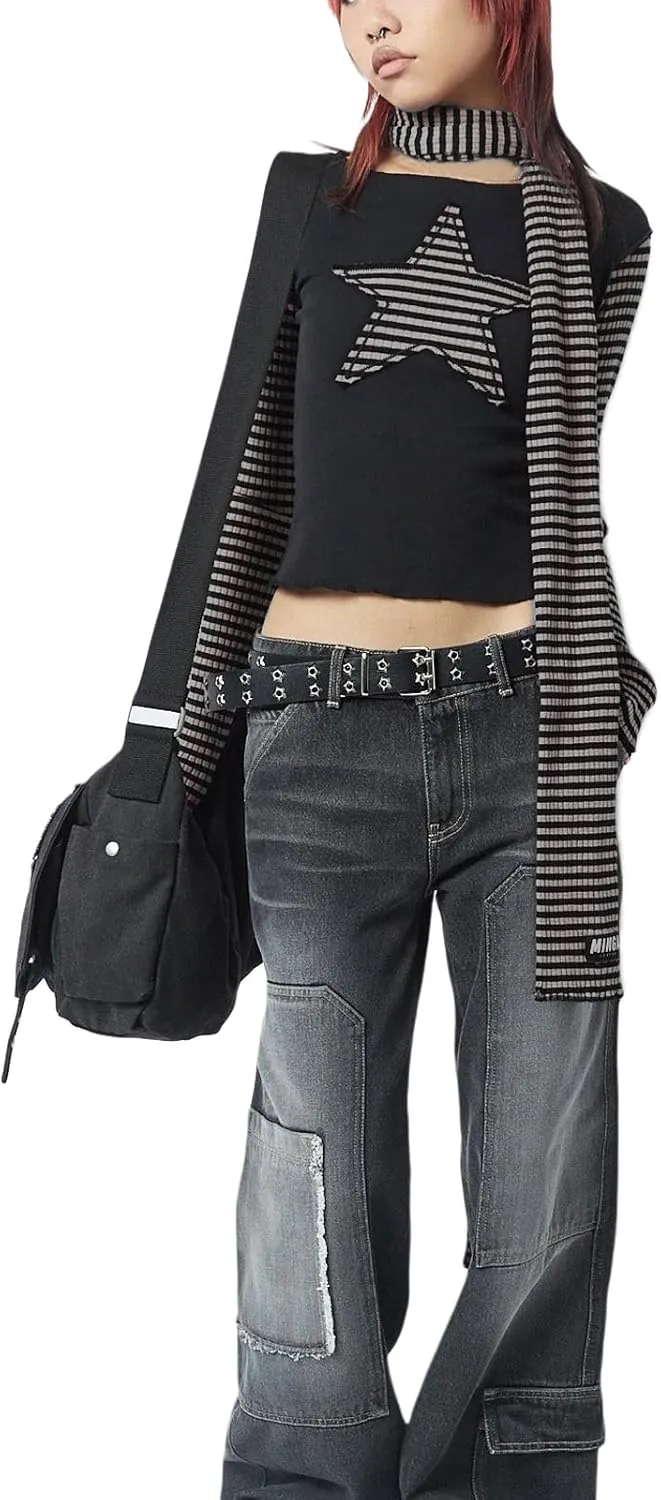 Women Vintage Star Pattern Stripes Patchwork T Shirts Long Sleeve Crew Neck Crop Top Casual Y2K 90s Streetwear