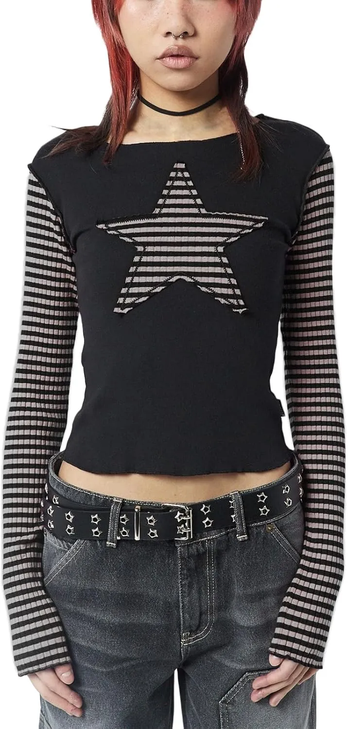Women Vintage Star Pattern Stripes Patchwork T Shirts Long Sleeve Crew Neck Crop Top Casual Y2K 90s Streetwear