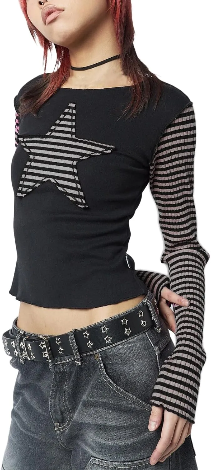Women Vintage Star Pattern Stripes Patchwork T Shirts Long Sleeve Crew Neck Crop Top Casual Y2K 90s Streetwear