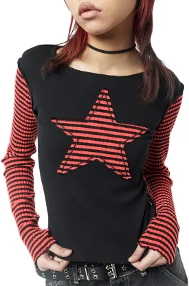 Women Vintage Star Pattern Stripes Patchwork T Shirts Long Sleeve Crew Neck Crop Top Casual Y2K 90s Streetwear