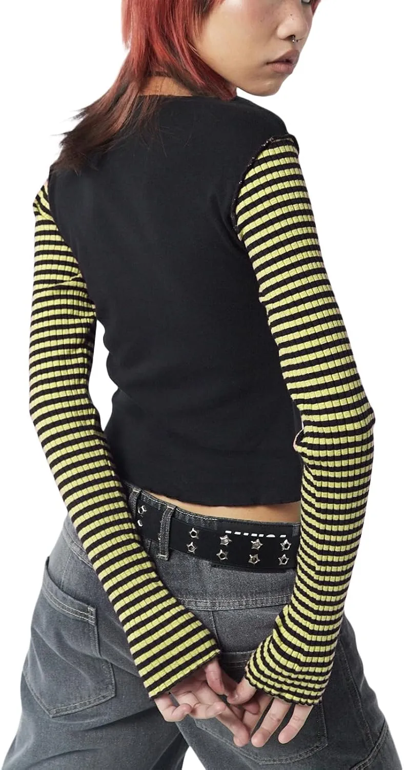 Women Vintage Star Pattern Stripes Patchwork T Shirts Long Sleeve Crew Neck Crop Top Casual Y2K 90s Streetwear