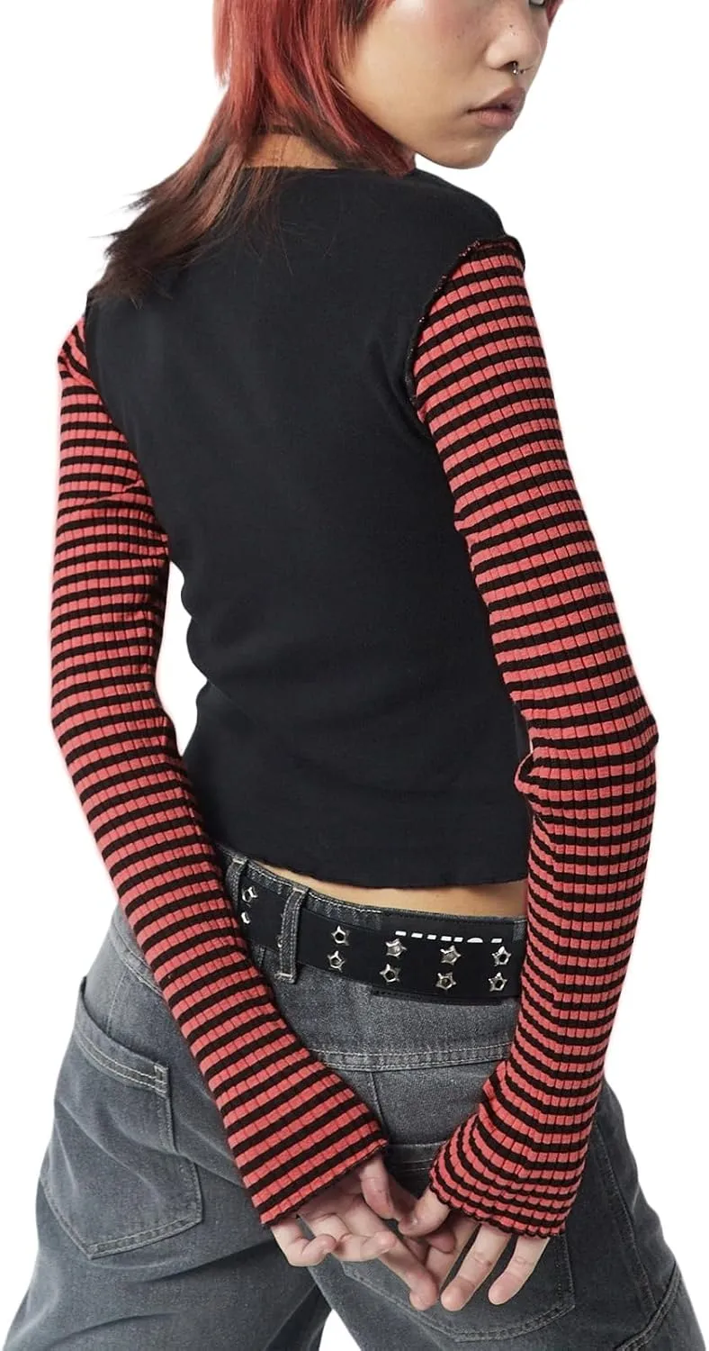 Women Vintage Star Pattern Stripes Patchwork T Shirts Long Sleeve Crew Neck Crop Top Casual Y2K 90s Streetwear