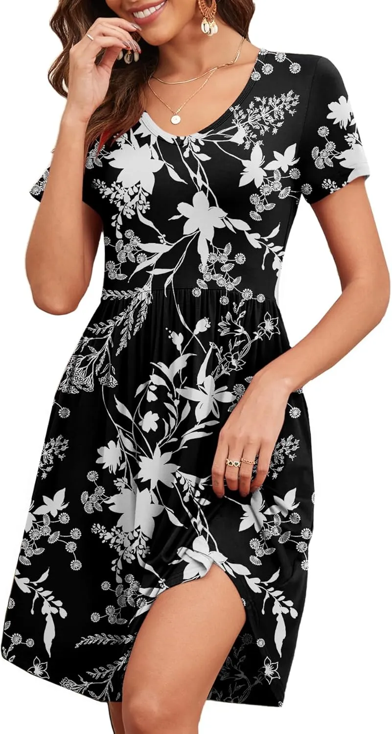 Women's 2025 Summer Short Sleeve Dresses Casual Loose Fit Swing T Shirt Dress V Neck Sundress with Pockets