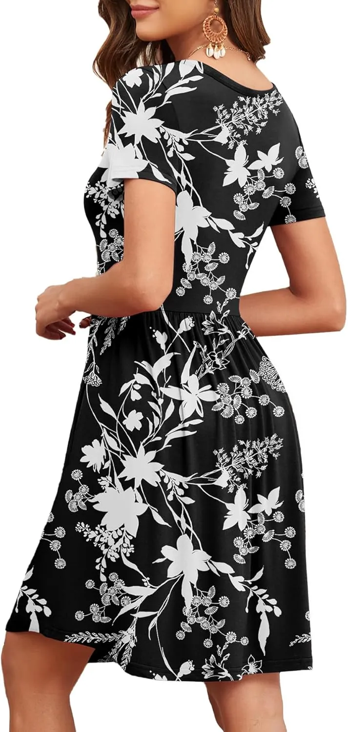 Women's 2025 Summer Short Sleeve Dresses Casual Loose Fit Swing T Shirt Dress V Neck Sundress with Pockets