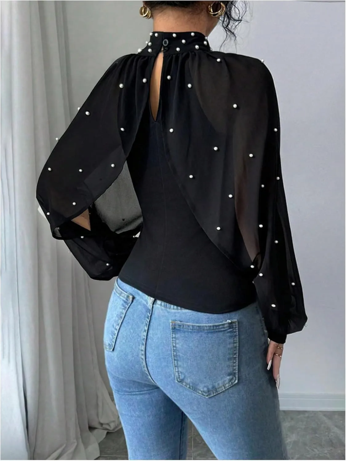Women's Beaded Mesh Mock Neck Blouses Shirts Bishop Sleeve Button Back Asymmetrical Dressy Tops