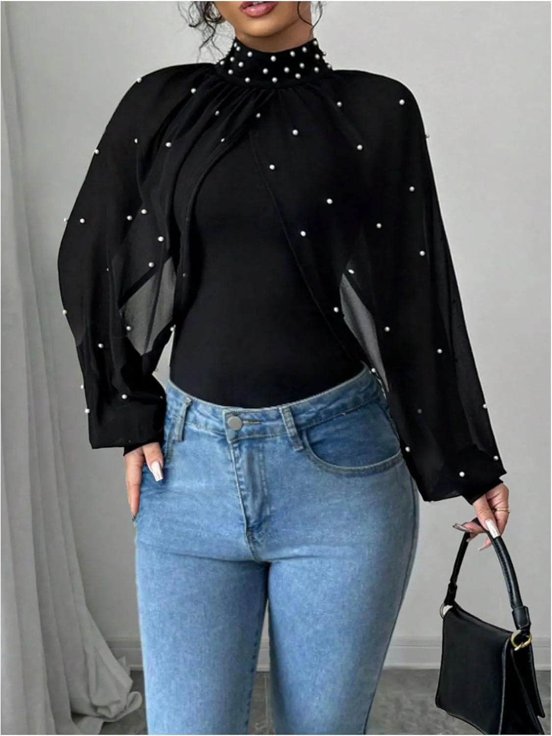 Women's Beaded Mesh Mock Neck Blouses Shirts Bishop Sleeve Button Back Asymmetrical Dressy Tops