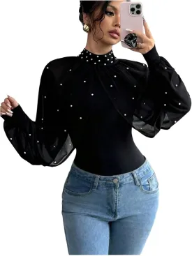 Women's Beaded Mesh Mock Neck Blouses Shirts Bishop Sleeve Button Back Asymmetrical Dressy Tops