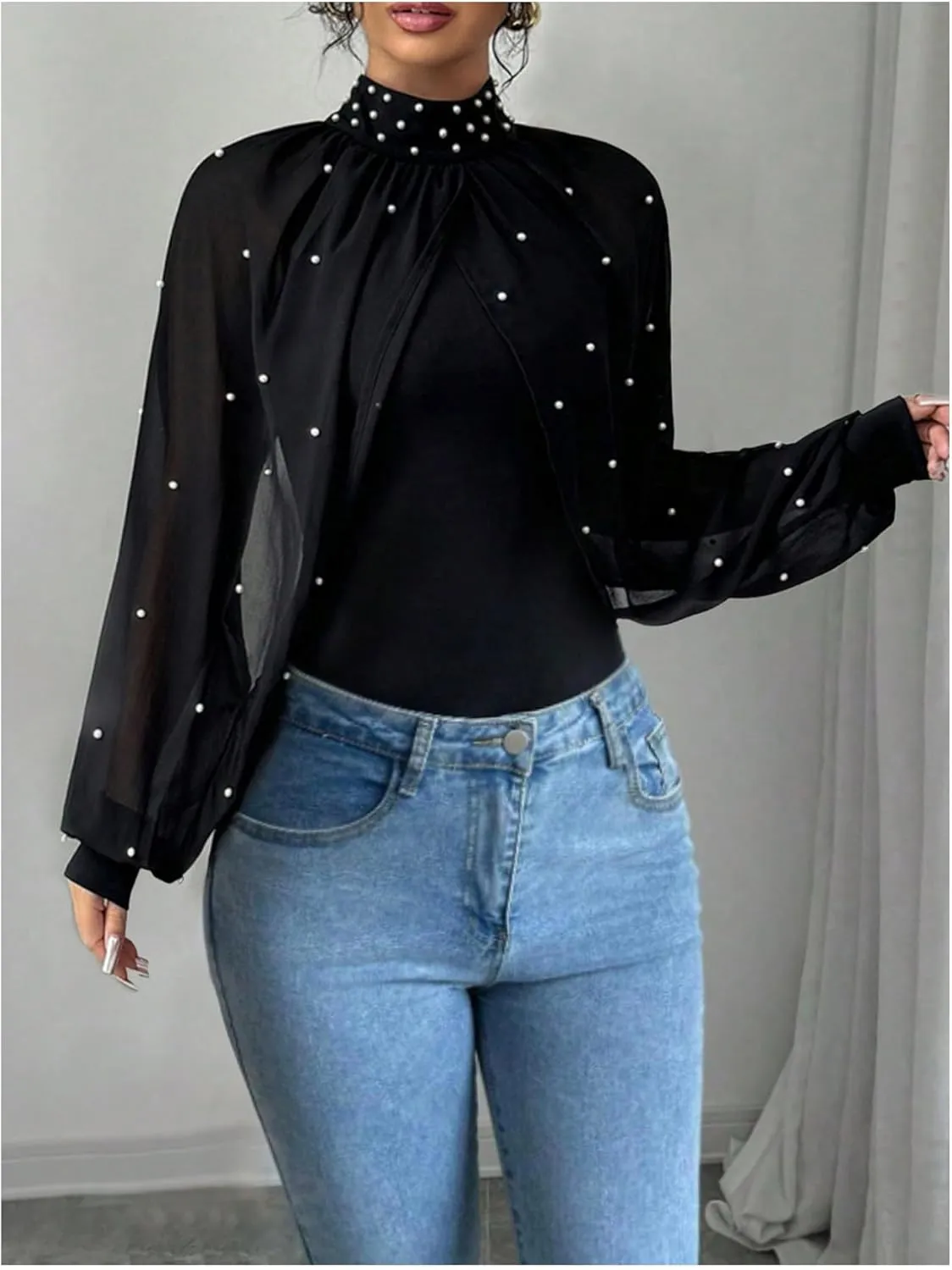 Women's Beaded Mesh Mock Neck Blouses Shirts Bishop Sleeve Button Back Asymmetrical Dressy Tops