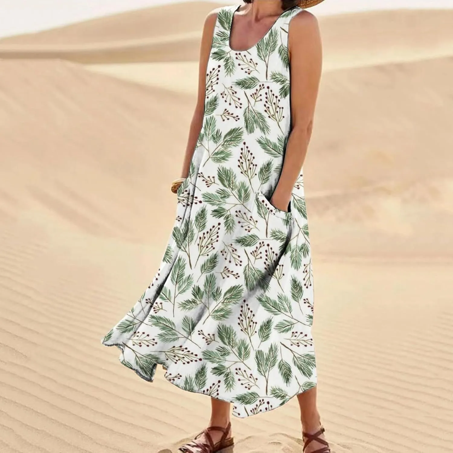 Womens Boho Dresses Sleeveless Floral Midi Dresses V-Neck Dress A Line Casual Flowy Beach Dress with Pocket for Women