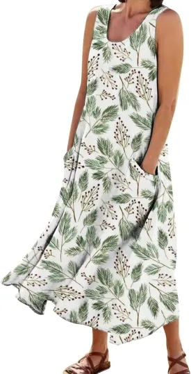 Womens Boho Dresses Sleeveless Floral Midi Dresses V-Neck Dress A Line Casual Flowy Beach Dress with Pocket for Women