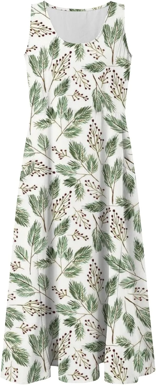 Womens Boho Dresses Sleeveless Floral Midi Dresses V-Neck Dress A Line Casual Flowy Beach Dress with Pocket for Women