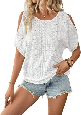 Women's Cold Shoulder Eyelet Tops Crew Neck Batwing Sleeve T-Shirts Textured Knit Summer Casual Tunic Blouse