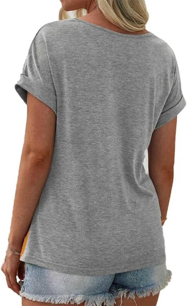 Womens Color Block Short Sleeve Tops Casual Summer T-Shirt