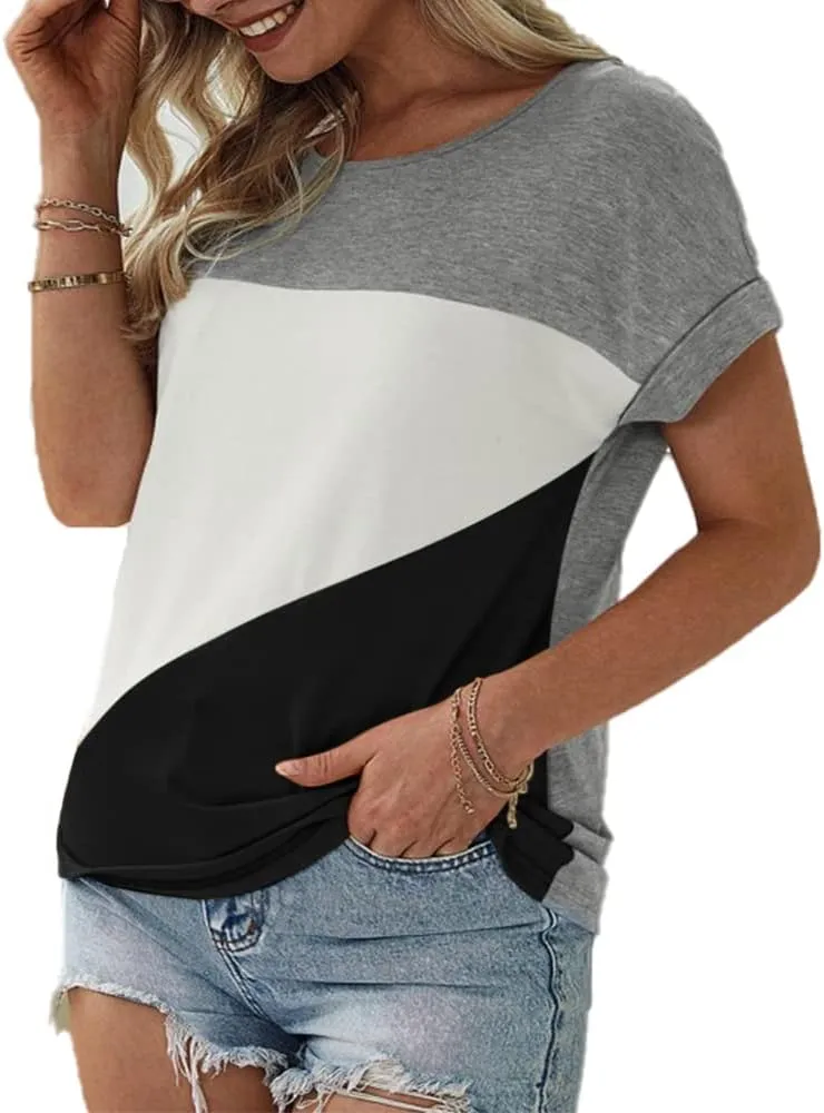 Womens Color Block Short Sleeve Tops Casual Summer T-Shirt