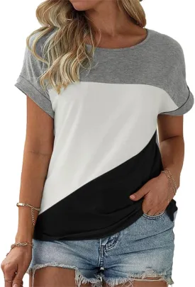 Womens Color Block Short Sleeve Tops Casual Summer T-Shirt
