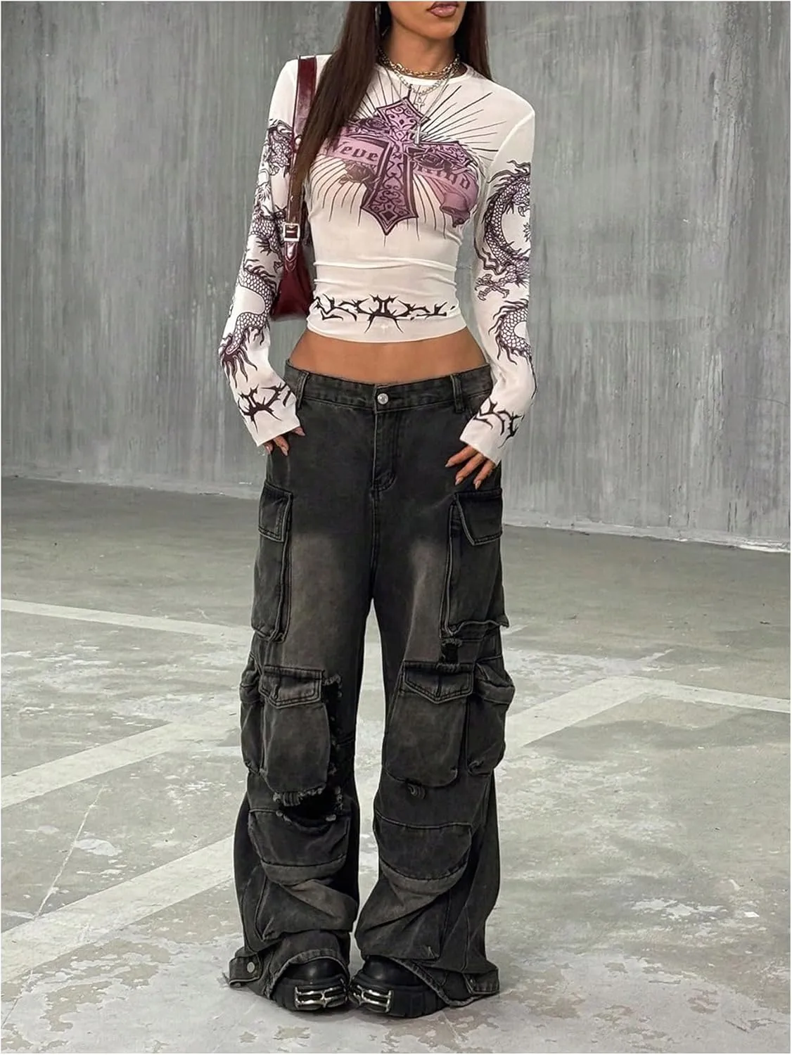 Women's Dragon Print T Shirt Long Sleeve Crew Neck Vintage Shirt Sheer Mesh Fitted Crop Top Streetwear