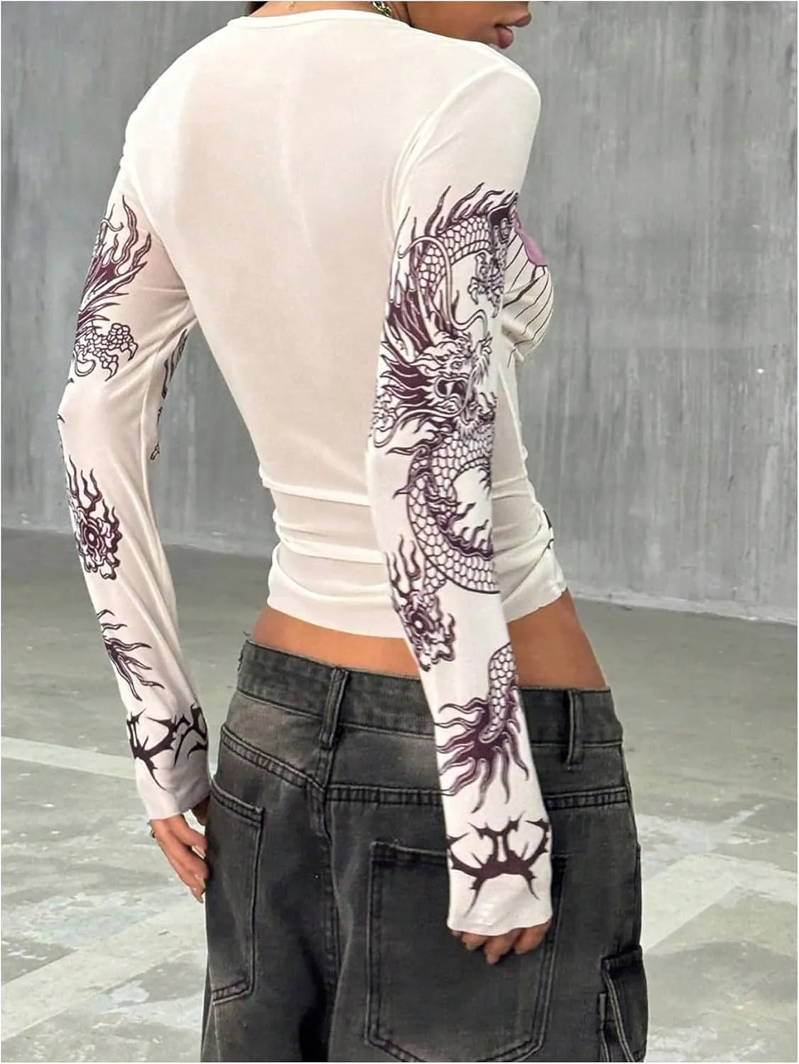 Women's Dragon Print T Shirt Long Sleeve Crew Neck Vintage Shirt Sheer Mesh Fitted Crop Top Streetwear
