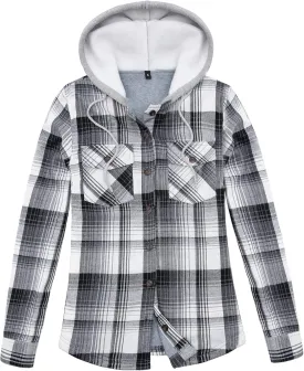 Womens Fleece Hooded Flannel Shirts Plaid Button Down Flannel Shirt Hoodie Jacket with Pockets