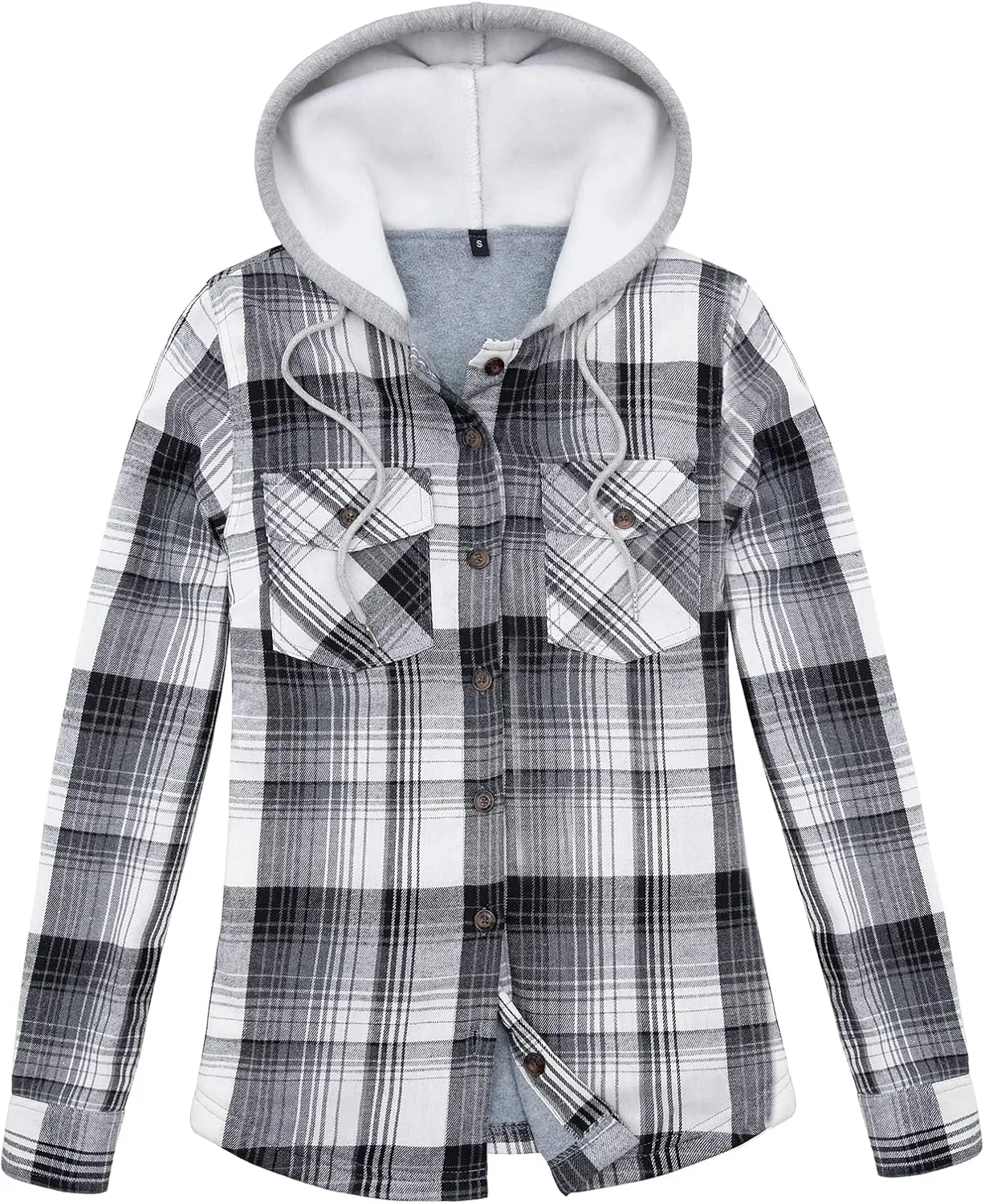 Womens Fleece Hooded Flannel Shirts Plaid Button Down Flannel Shirt Hoodie Jacket with Pockets